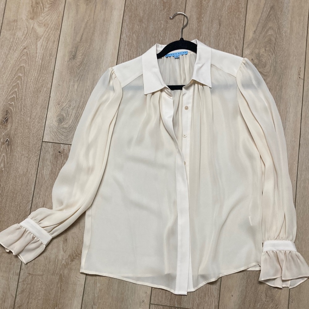 Antonio Melani Sheer button down silk  blouse with ruffle sleeves